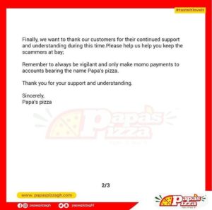 Papa's Pizza Official Scammers statement.