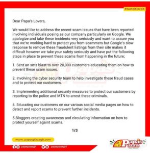 Papa's Pizza Official Scammers statement.